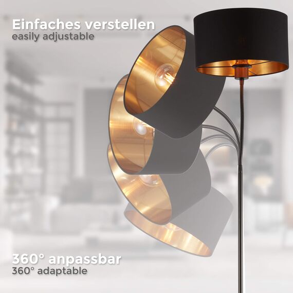 B.K.Licht - Stehlampe Vintage mit Fußtaster, Lampenschirm aus Stoff, schwenkbar, Leselampe, Deko Wohnzimmer, Lampe, Deckenfluter, Bogenlampe, Standleuchte, Industrial, 25x145 cm, Schwarz-Gold