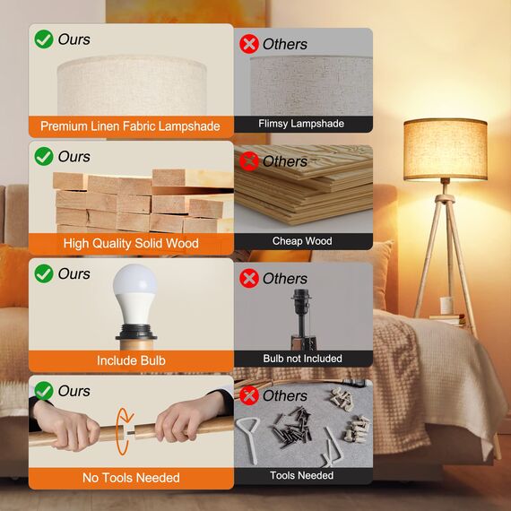 OUTON LED Stehlampe Dimmbar Dreibein Holz mit Regal, Fernbedienung, 4 Farbtemperatur, 1 Stunde Timerfunktion, Stativ Stehleuchte mit Beige Lampenschirm für Wohnzimmer, Schlafzimmer, Büro (Holz)