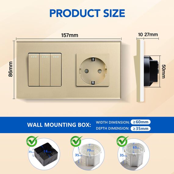 BSEED Lichtschalter mit Steckdose 3 Fach 2 Wege,10A Kristall Glas Platte Wandschalter mit 16A Schuko Steckdose Gold,Physische Unterputz Wechselschalter mit Steckdose- 157mm