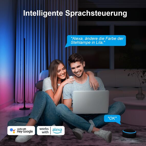 Lanmonlily LED Stehlampe mit Fernbedienung und APP, RGBICW Stehlampe Dimmbar, mit Alexa und Google, Musik Sync, 16 Millionen Farben, 68 Szenenmodi, Stilvolle Stehleuchte für Schlafzimmer