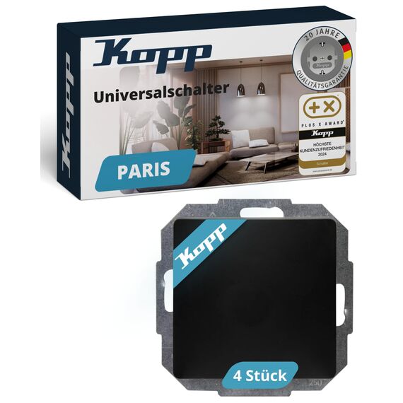 Kopp PARIS Universalschalter in Matt-Schwarz - 4 Stück - Lichtschalter-Unterputz mit 10AX Schaltvermögen - Hochwertiger IP20 Schalter mit Steckklemmen - Stilvoller Wechselschalter-Unterputz 250V~