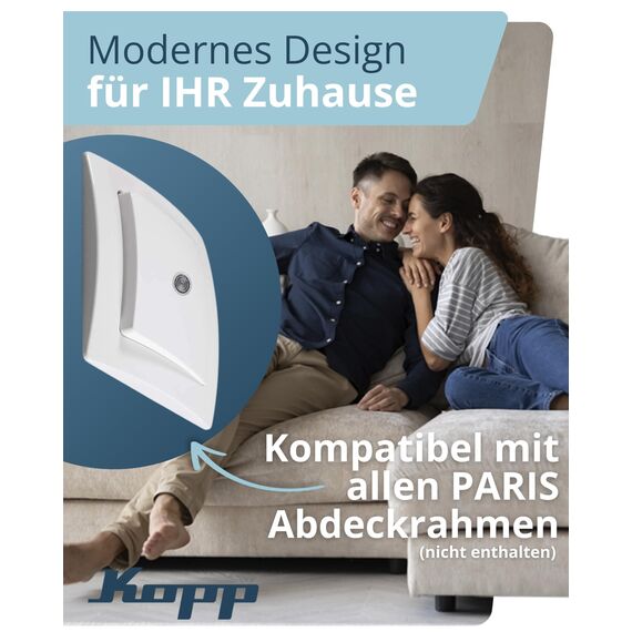 Kopp PARIS Universalschalter beleuchtet in Arktis-Weiß - Lichtschalter-Unterputz mit 10AX Schaltvermögen - Hochwertiger IP20 Schalter mit Steckklemmen - Stilvoller Wechselschalter-Unterputz 250V~