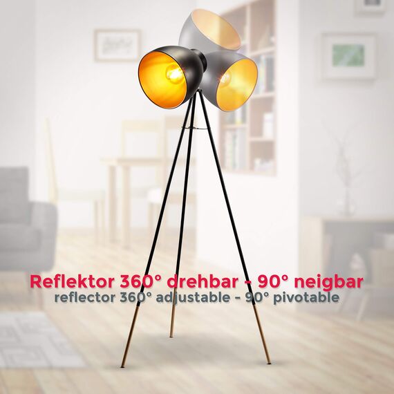 B.K.Licht - Stehlampe Vintage mit Fußtaster, schwenkbar, E27 Fassung, max. 40 Watt, Leselampe, Deko Wohnzimmer, Lampe, Deckenfluter, Standleuchte, Wohnzimmerlampe, Industrial, 59x136 cm, Schwarz-Gold