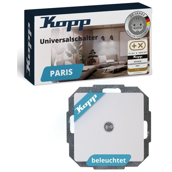 Kopp PARIS Universalschalter beleuchtet in Arktis-Weiß - Lichtschalter-Unterputz mit 10AX Schaltvermögen - Hochwertiger IP20 Schalter mit Steckklemmen - Stilvoller Wechselschalter-Unterputz 250V~