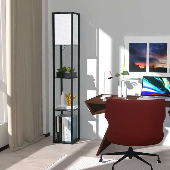Omdekor Stehlampe mit Regal aus Holz, Stehlampe Wohnzimmer mit 3 Farbtemperatur, Stehleuchte 1.62M mit Lampenschirm, Moderne Schwarz Standleuchte mit 3 Holzregale für Whonzimmer Schlafzimmer Büro