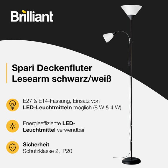 Brilliant Spari Deckenfluter mit Leselampe schwarz, weiß – LED Stehlampe – 1,8 m Standleuchte – für LED-Leuchtmittel geeignet (E27 & E14 Fassung) – mit verstellbarem Lesearm