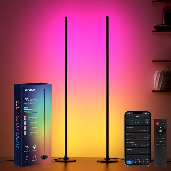 Lanmonlily LED Stehlampe mit Fernbedienung, RGBICW Stehlampe Dimmbar, mit Alexa und Google, Musik Sync, 16 Millionen Farben, 68 Szenenmodi, Stilvolle Stehleuchte für Schlafzimmer 2 Stück