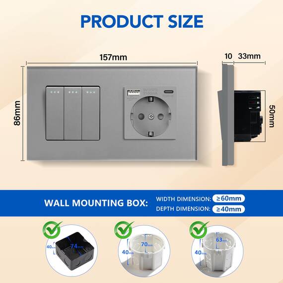 BSEED Lichtschalter mit Steckdose 3 Fach 2 Wege,Wandschalter mit 16A Schuko Steckdose mit USB Anschluss (Max. 2.1A) Typ C Port Grau,Physische Unterputz Wechselschalter mit Steckdose- 157mm