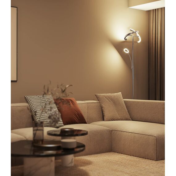 ANTENLICHT Stehlampe Dimmbar LED KAKA- | Silber-Stehleuchte 20W mit flexibler 7W Leselampe | Modern deckenfluter mit fernbedienung mit 4 Farbtemperatur für Wohnzimmer, Schlafzimmer, Büro, Hotel