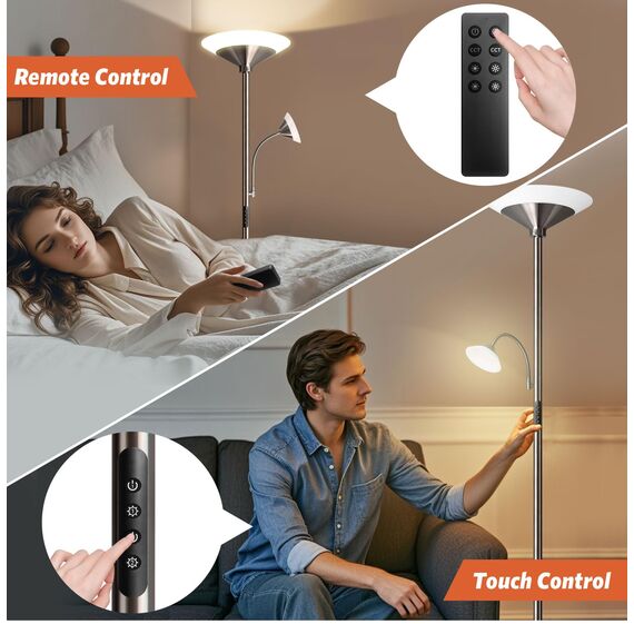 BBHome Stehlampe Wohnzimmer LED, 27W Deckenfluter LED Dimmbar mit 6W leselampe, 3000K-6500K Moderne Dimmbar Stehlampe mit Fernbedienung & Berührung für Wohnzimmer, Schlafzimmer, Büro (silber)