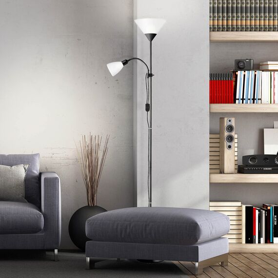 Brilliant Spari Deckenfluter mit Leselampe schwarz, weiß – LED Stehlampe – 1,8 m Standleuchte – für LED-Leuchtmittel geeignet (E27 & E14 Fassung) – mit verstellbarem Lesearm