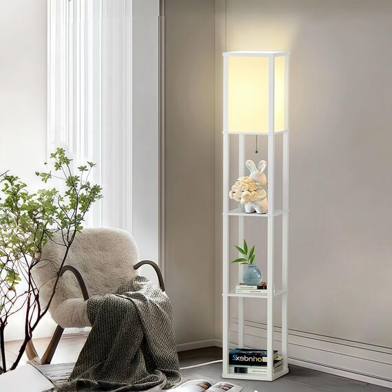 Omdekor Floor Lamp aus Holz, Wohnzimmer Stehlampe mit Fassung, Stehleuchte mit Regal 3 Farbtemperaturen 3000-5000K, Vintage Stehlampen für Wohnzimmer Schlafzimmer Arbeitszimmer Büro
