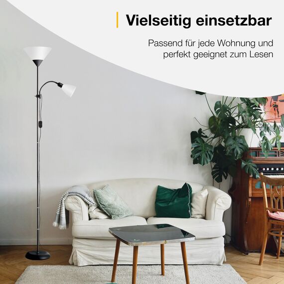 Brilliant Spari Deckenfluter mit Leselampe schwarz, weiß – LED Stehlampe – 1,8 m Standleuchte – für LED-Leuchtmittel geeignet (E27 & E14 Fassung) – mit verstellbarem Lesearm
