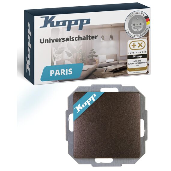 Kopp PARIS Universalschalter in Palisander-Braun - Lichtschalter-Unterputz mit 10AX Schaltvermögen - Hochwertiger IP20 Schalter mit Steckklemmen - Stilvoller Wechselschalter-Unterputz 250V~