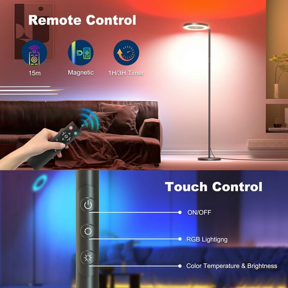RGB Stehlampe LED Dimmbare，42W Superhelle Farbwechsel Standleuchte Doppelseitig Modern Deckenfluter mit Fernbedienung , 2700K-6500K Touch Stehlampe Leselampe für Wohnzimmer Schlafzimmer Büro Hotel