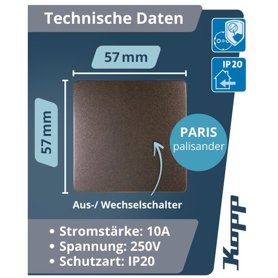 Kopp PARIS Universalschalter in Palisander-Braun - Lichtschalter-Unterputz mit 10AX Schaltvermögen - Hochwertiger IP20 Schalter mit Steckklemmen - Stilvoller Wechselschalter-Unterputz 250V~