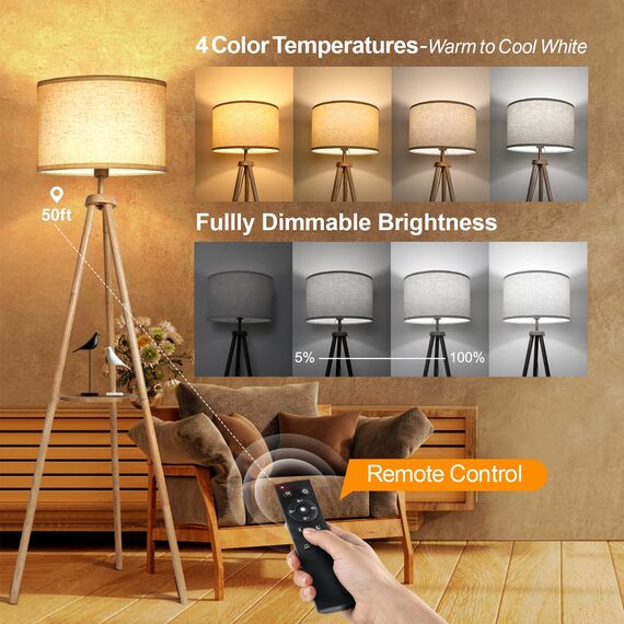 OUTON LED Stehlampe Dimmbar Dreibein Holz mit Regal, Fernbedienung, 4 Farbtemperatur, 1 Stunde Timerfunktion, Stativ Stehleuchte mit Beige Lampenschirm für Wohnzimmer, Schlafzimmer, Büro (Holz)