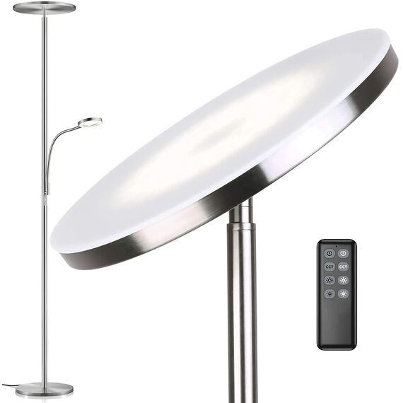 Anten Deckenfluter Klara mit Leselampe | Nickel matt | 30W dimmbare Led Stehlampe mit Fernbedienung | 3 Lichtfarbe | Helligkeit stufenlos einstellbar | helle Stehlampen für Wohnzimmer Büro.