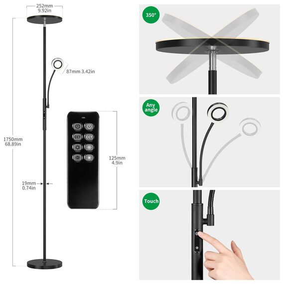Modlicht 35W Stehlampe LED Dimmbar Schwarz, 4200LM Stehlampe Leselampe mit Fernbedienung & Touch-Steuerung, 3000-6000K Deckenfluter LED mit Leselampe, Standleuchten für Wohnzimmer Schlafzimmer Büro