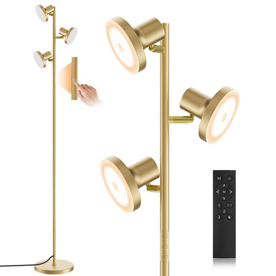 SIBRILLE Stehlampe Wohnzimmer 36W 2500LM Stehlampe LED Dimmbar, Fernbedienung&Touch-Steuerung, 2700K-6500K 3-Licht Leselampe Stehleuchte Moderne Deckenfluter LED Dimmbar für Wohnzimmer Büro, Gold