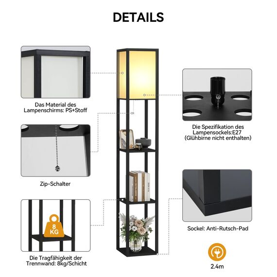 Fullwatt Stehlampe mit Holzregal Innenbeleuchtung Holz Stehleuchte mit Regalen für Schlafzimmer und Wohnzimmer (schwarz)