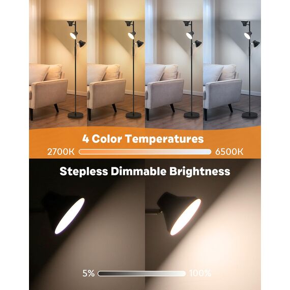 SIBRILLE Stehlampe LED Dimmbar, 36W Deckenfluter LED Dimmbar 2500LM mit Fernbedienung & Berührung 2700K-6500K, 3-Licht Leselampe Moderne Stehleuchte Stehlampe für Wohnzimmer Schlafzimmer Büro Hotel