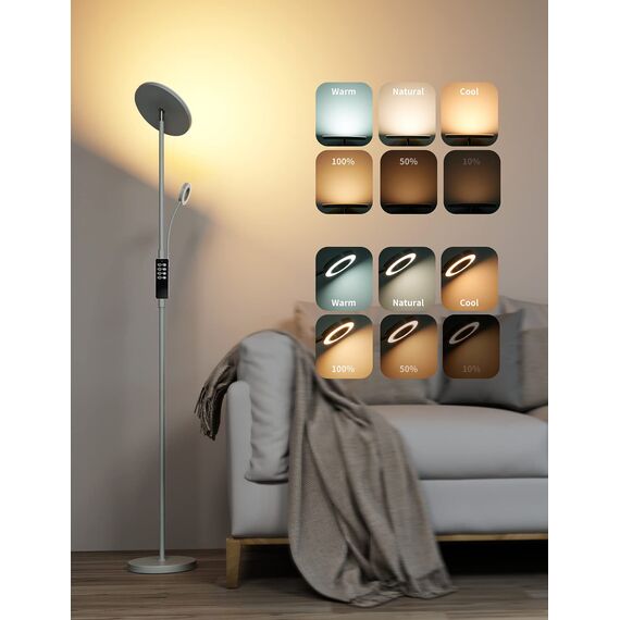 Modlicht LED-Stehleuchte, 35 W, Grau, 4200 lm, Stehleuchte für Wohnzimmer mit 6 Modi, 3000-6000 K, dimmbar, mit Fernbedienung & Touch-Steuerung und 1-Stunden-Timer, Leselampe für Schlafzimmer, Büro