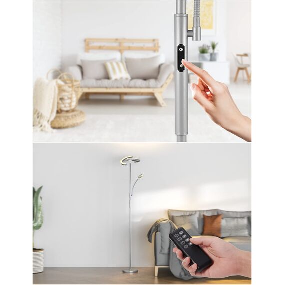 Amdelne Stehlampe Wohnzimmer Dimmbar mit Leselampe Verstellbarer, Grau 20W+7W Stehleuchte mit Fernbedienung & Touch, Speicherfunktion, Modern Deckenfluter LED für Schlafzimmer, Kinderzimmer, Büro