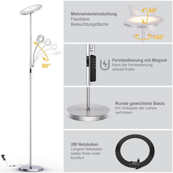 Modlicht 35W Stehlampe LED Dimmbar Silber, 4200LM Deckenfluter LED mit Leselampe, 3000-6000K Stehleuchte Wohnzimmer mit Fernbedienung & Touch-Steuerung, Stehlampe Leselampe für Schlafzimmer Büro