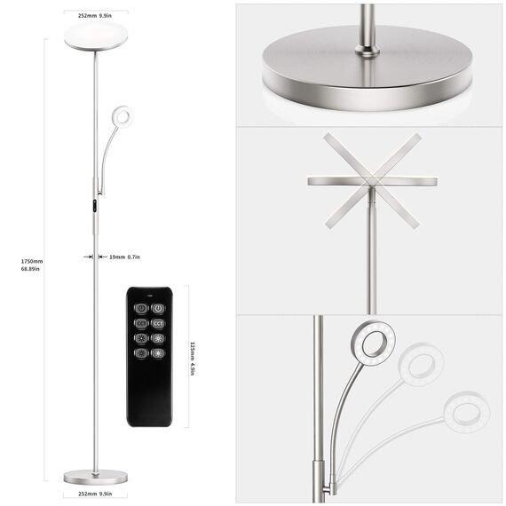 Anten Deckenfluter Klara mit Leselampe | Nickel matt | 30W dimmbare Led Stehlampe mit Fernbedienung | 3 Lichtfarbe | Helligkeit stufenlos einstellbar | helle Stehlampen für Wohnzimmer Büro.