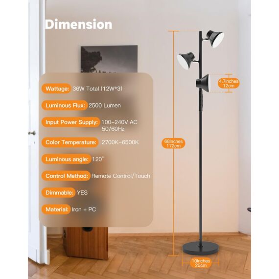 SIBRILLE Stehlampe LED Dimmbar, 36W Deckenfluter LED Dimmbar 2500LM mit Fernbedienung & Berührung 2700K-6500K, 3-Licht Leselampe Moderne Stehleuchte Stehlampe für Wohnzimmer Schlafzimmer Büro Hotel