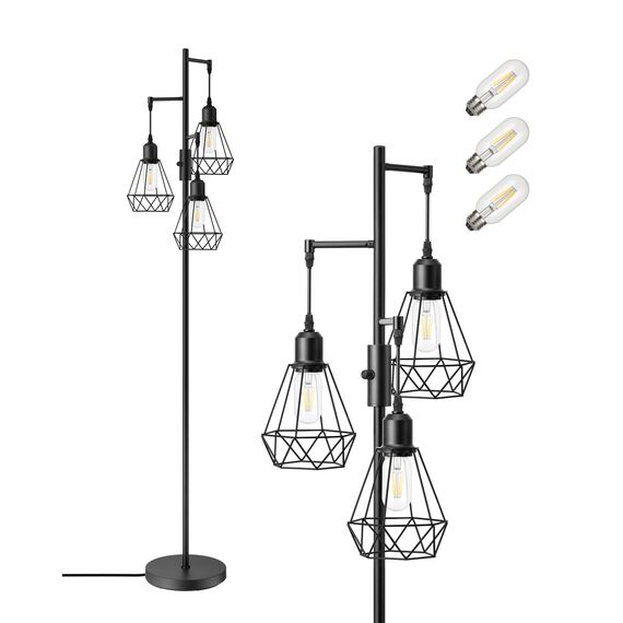 EDISHINE Stehlampe Wohnzimmer 166cm, Vintage Standleuchte Dimmbar, Industrial Stehleuchte Schwarz mit LED E27 Leuchtmittel, 3 Käfig Lampenschirm aus Metall, für Modern Deko Schlafzimmer, Geschenk