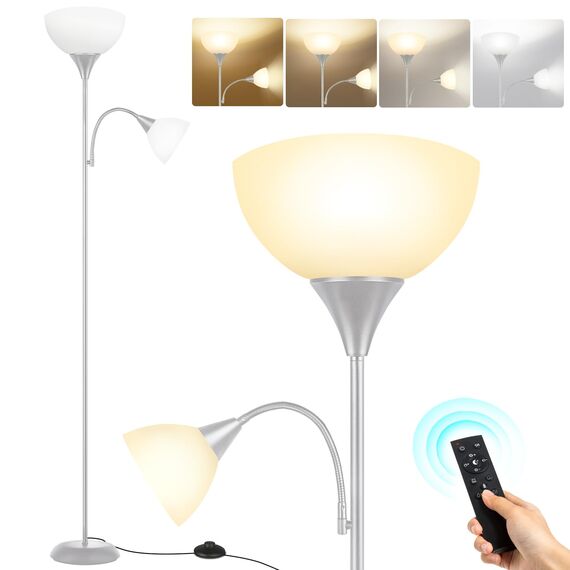 OUTON Stehlampe Wohnzimmer mit Leselampe, Deckenfluter LED Dimmbar, 4 Farbtemperaturen, 1H Timer, mit Fernbedienung und 9W Glühbirnen, für Wohnzimmer Büro Schlafzimmer, Silber Grau
