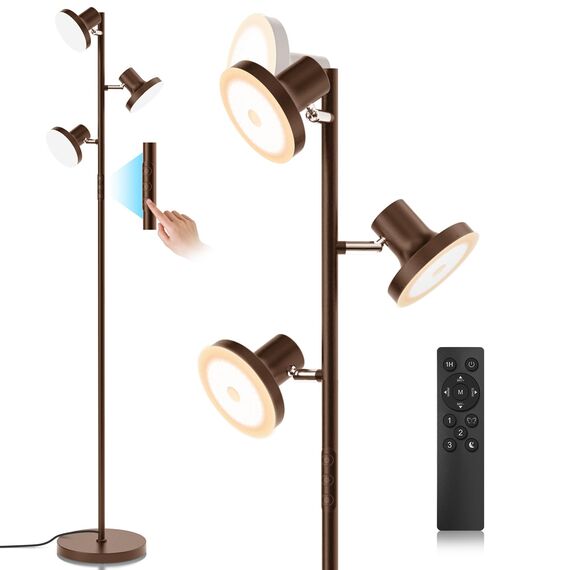 SIBRILLE Stehlampe Wohnzimmer 36W 2500LM Stehlampe LED Dimmbar, Fernbedienung&Touch-Steuerung, 2700K-6500K 3-Licht Leselampe Stehleuchte Moderne Deckenfluter LED Dimmbar für Wohnzimmer Büro, Braun