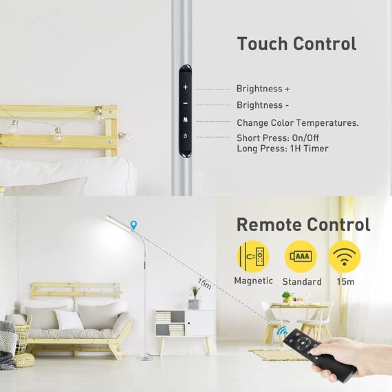 OUTON Stehlampe LED Dimmbar 15W 1500LM, Leselampe mit 4 Farbtemperatur, Fernbedienung und Touch Steuerung, 1H Timer, Leseaufgabe Beleuchtung für Wohnzimmer Schlafzimmer Büro, Silber Grau