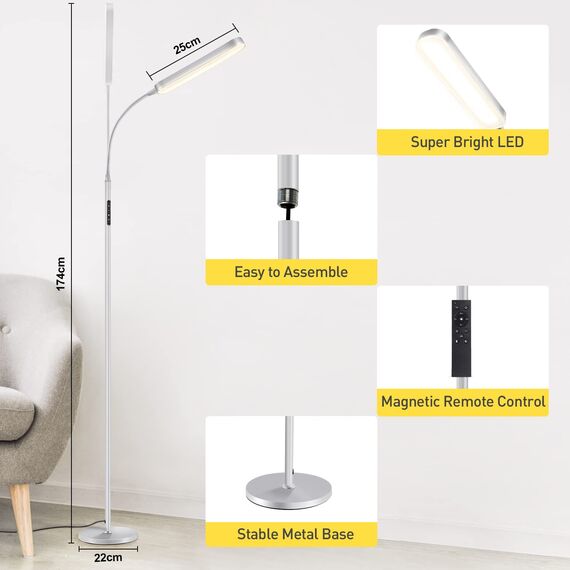 OUTON Stehlampe LED Dimmbar 15W 1500LM, Leselampe mit 4 Farbtemperatur, Fernbedienung und Touch Steuerung, 1H Timer, Leseaufgabe Beleuchtung für Wohnzimmer Schlafzimmer Büro, Silber Grau