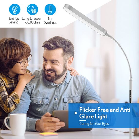 OUTON Stehlampe LED Dimmbar 15W 1500LM, Leselampe mit 4 Farbtemperatur, Fernbedienung und Touch Steuerung, 1H Timer, Leseaufgabe Beleuchtung für Wohnzimmer Schlafzimmer Büro, Silber Grau