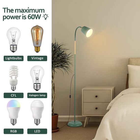 ANTEN Stehlampe | Höhenverstellbare Stehleuchte mit Schwanenhals & E27 Fassung, 159cm Leselampe für Wohnzimmer Schlafzimmer Arbeitszimmer, Modern in Salbeigrün (ohne Leuchtmittel)