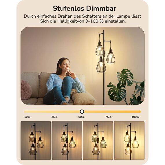 EDISHINE Stehlampe Wohnzimmer, 3-flammige Stehleuchte Dimmbar mit E27 LED-Glühbirnen, Käfig Lampenschirm aus Metall, 2700K warmweiß, Industrial Standleuchte für Schlafzimmer und Büro, 166 cm, Schwarz
