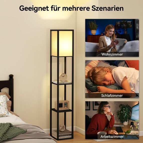 Fullwatt Stehlampe mit Holzregal Innenbeleuchtung Holz Stehleuchte mit Regalen für Schlafzimmer und Wohnzimmer (schwarz)