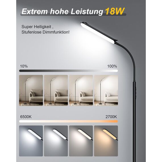 TRUMPETS 18W Stehlampe LED Dimmbar 2000LM mit Fernbedienung Unendliche Farbtemperatur & lineare Leuchtdichte, 360° Flexibler Schwanenhals,1 Hour Timer, floor lamp für Wohnzimmer Schlafzimmer (18W-B1)