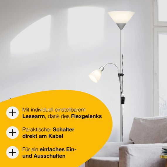 Brilliant Lampe Spari Deckenfluter Lesearm silber/weiß | 1x A60, E27, 60W, geeignet für Normallampen (nicht enthalten) | Mit Schnurzwischenschalter