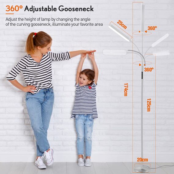 OUTON Stehlampe LED Dimmbar 15W 1500LM, Leselampe mit 4 Farbtemperatur, Fernbedienung und Touch Steuerung, 1H Timer, Leseaufgabe Beleuchtung für Wohnzimmer Schlafzimmer Büro, Silber Grau