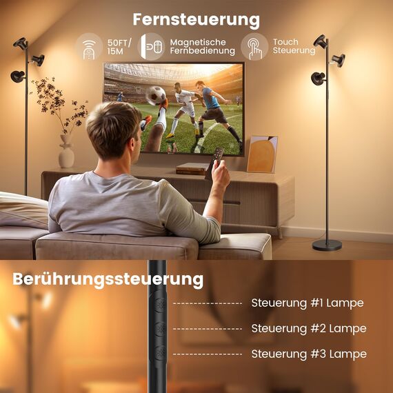 SIBRILLE Stehlampe LED Dimmbar, 36W Deckenfluter LED Dimmbar 2500LM mit Fernbedienung & Berührung 2700K-6500K, 3-Licht Leselampe Moderne Stehleuchte Stehlampe für Wohnzimmer Schlafzimmer Büro Hotel