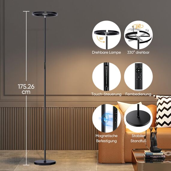 SIBRILLE LED Stehlampe Wohnzimmer, Schwarz Stehlampe Dimmbar 22W 1300LM Modern Deckenfluter LED mit Fernbedienung Warmweiß Kaltweiß Leselampe, Touch Stehleuchte für Büro Wohnzimmer Schlafzimmer Hotel