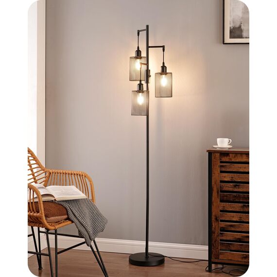 EDISHINE Stehlampe Wohnzimmer Dimmbar, 3 Käfig Lampenschirm aus Metall, 163cm Retro Standleuchte, Industrial Stehleuchte Schwarz mit LED E27 Leuchtmittel, für Modern Deko Schlafzimmer, Geschenk