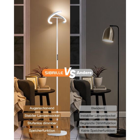 SIBRILLE Stehlampe Wohnzimmer, LED Stehlampe Dimmbar 1300LM Deckenfluter LED Dimmbar mit Fernbedienung 3000K-6000K Leselampe Weiß, Touch Stehleuchte für Wohnzimmer Schlafzimmer Büro