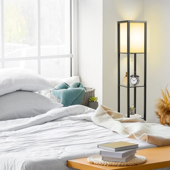 Fullwatt Stehlampe mit Holzregal Innenbeleuchtung Holz Stehleuchte mit Regalen für Schlafzimmer und Wohnzimmer (Schwarz & Glühbirne)