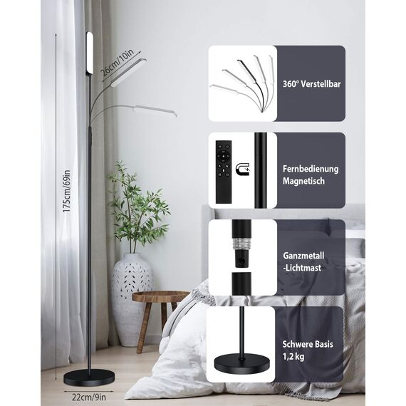 TRUMPETS 18W Stehlampe LED Dimmbar 2000LM mit Fernbedienung Unendliche Farbtemperatur & lineare Leuchtdichte, 360° Flexibler Schwanenhals,1 Hour Timer, floor lamp für Wohnzimmer Schlafzimmer (18W-B1)