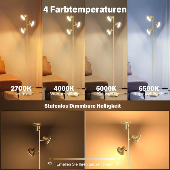 SIBRILLE Stehlampe Wohnzimmer 36W 2500LM Stehlampe LED Dimmbar, Fernbedienung&Touch-Steuerung, 2700K-6500K 3-Licht Leselampe Stehleuchte Moderne Deckenfluter LED Dimmbar für Wohnzimmer Büro, Gold